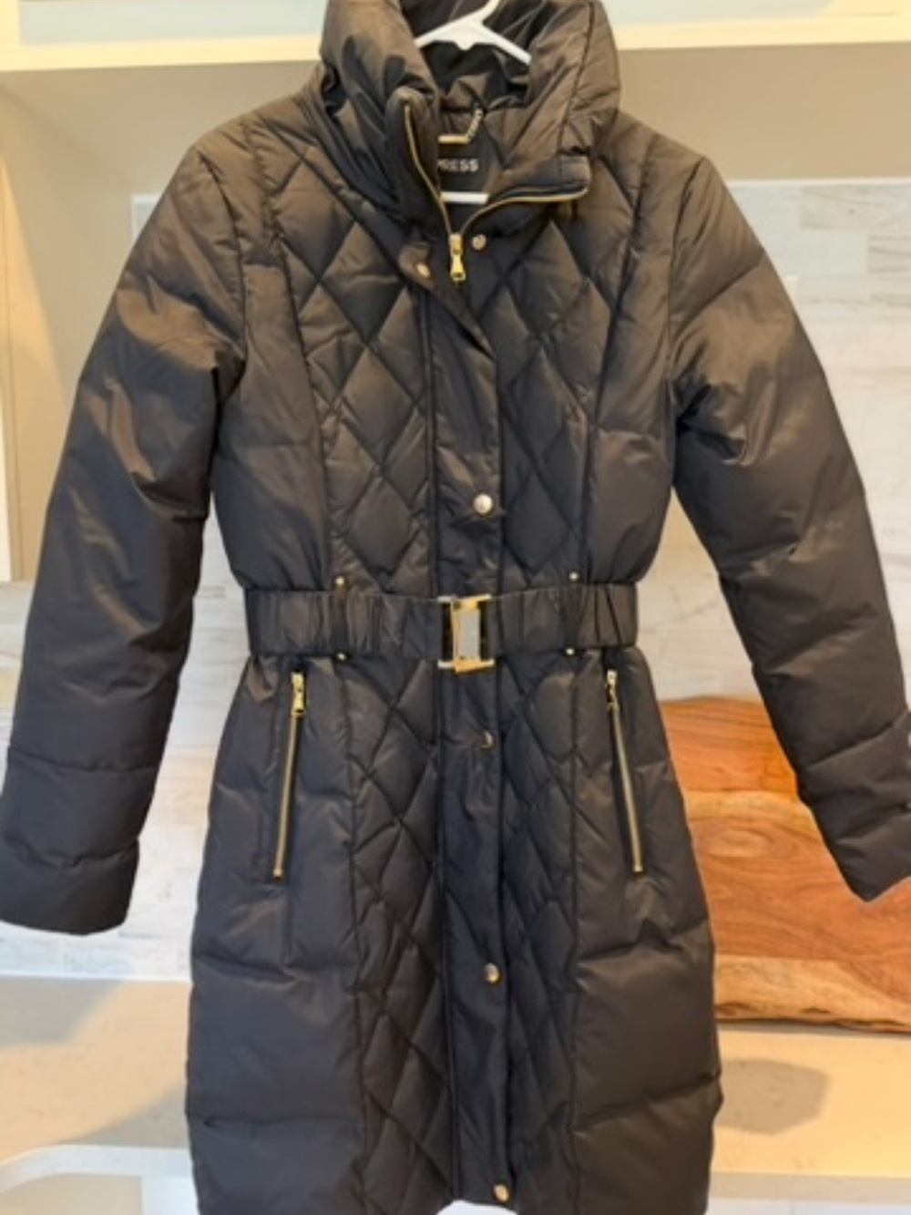 Express Black Quilted Goose Down Long Puffer Coat With Belt With  Gold Hardware